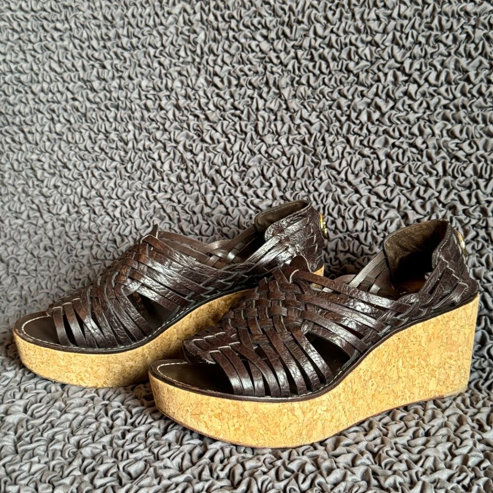 Tory Burch Brown Leather Braided Accents Slingback Wedge Sandals - Size 8M